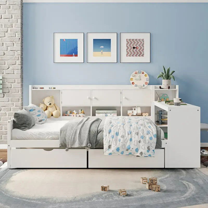 Lit de repos en L blanc et naturel avec bureau, rangement, simple
