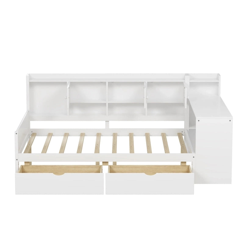 Lit de repos en L blanc et naturel avec bureau, rangement, simple