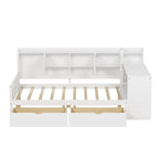 Lit de repos en L blanc et naturel avec bureau, rangement, simple
