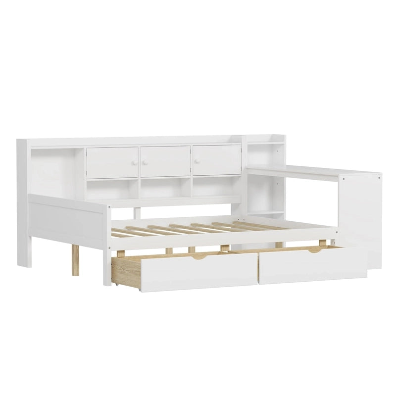 Lit de repos en L blanc et naturel avec bureau, rangement, simple