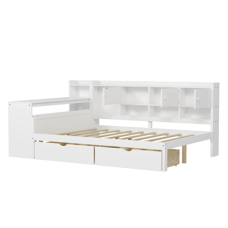 Lit de repos en L blanc et naturel avec bureau, rangement, simple