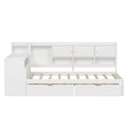Lit de repos en L blanc et naturel avec bureau, rangement, simple