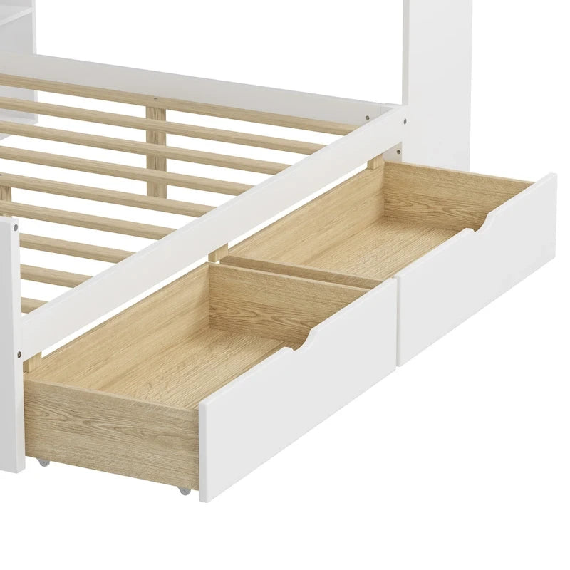 Lit de repos en L blanc et naturel avec bureau, rangement, simple