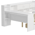 Lit de repos en L blanc et naturel avec bureau, rangement, simple