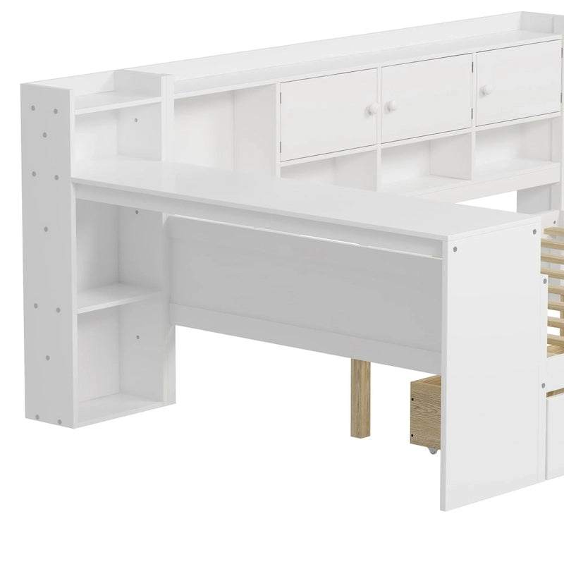 Lit de repos en L blanc et naturel avec bureau, rangement, simple