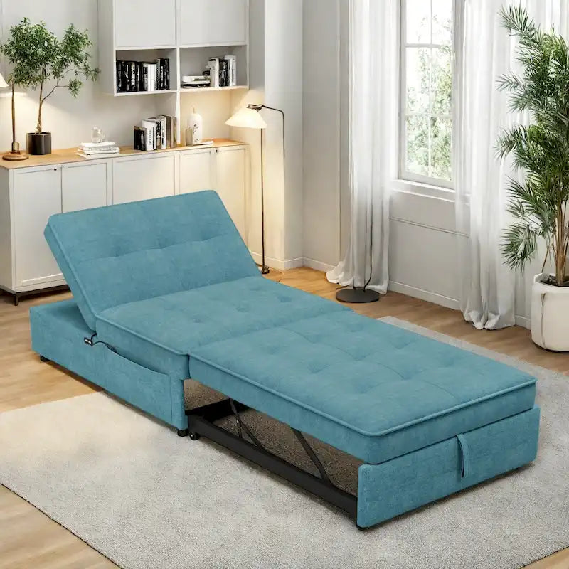 Canapé-lit convertible 4-en-1 en lin bleu foncé / blanc / sarcelle pour 3 personnes
