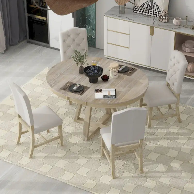 Ensemble de salle à manger extensible 5 pièces en noyer et bois naturel, table ronde à ovale avec 4 chaises rembourrées, 4 à 6 places