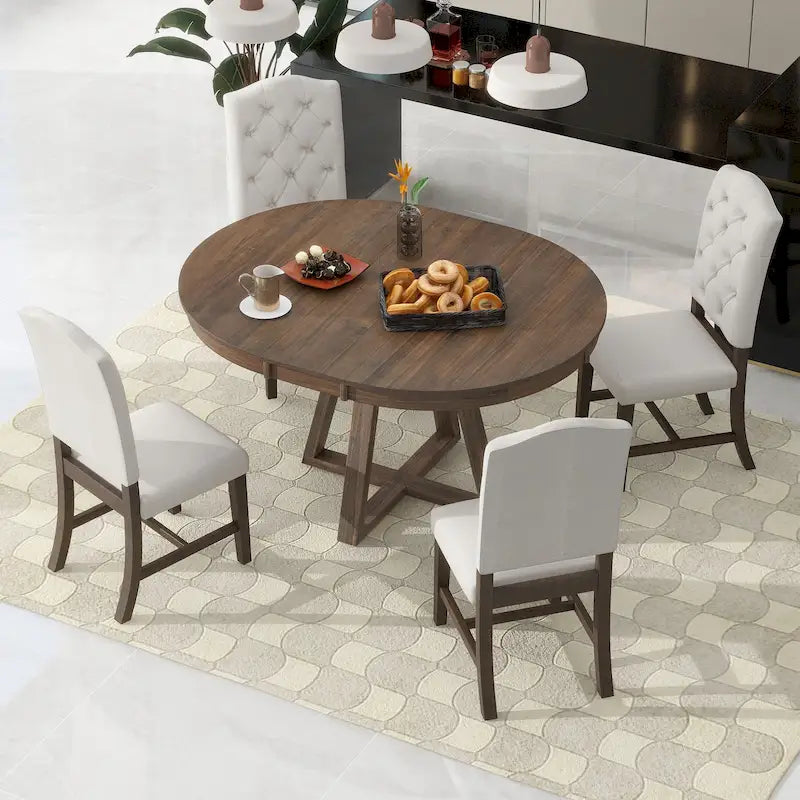 Ensemble de salle à manger extensible 5 pièces en noyer et bois naturel, table ronde à ovale avec 4 chaises rembourrées, 4 à 6 places