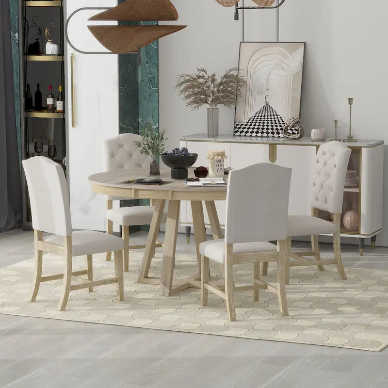 Ensemble de salle à manger extensible 5 pièces en noyer et bois naturel, table ronde à ovale avec 4 chaises rembourrées, 4 à 6 places