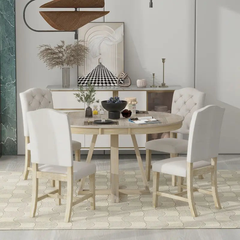 Ensemble de salle à manger extensible 5 pièces en noyer et bois naturel, table ronde à ovale avec 4 chaises rembourrées, 4 à 6 places
