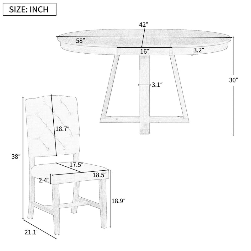 Ensemble de salle à manger extensible 5 pièces en noyer et bois naturel, table ronde à ovale avec 4 chaises rembourrées, 4 à 6 places