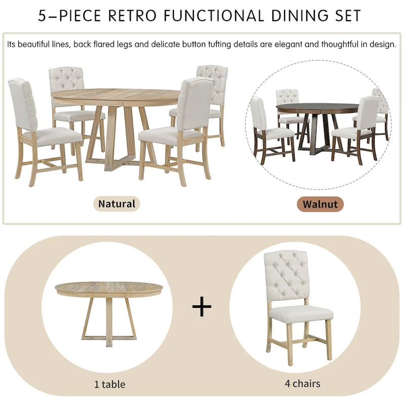Ensemble de salle à manger extensible 5 pièces en noyer et bois naturel, table ronde à ovale avec 4 chaises rembourrées, 4 à 6 places