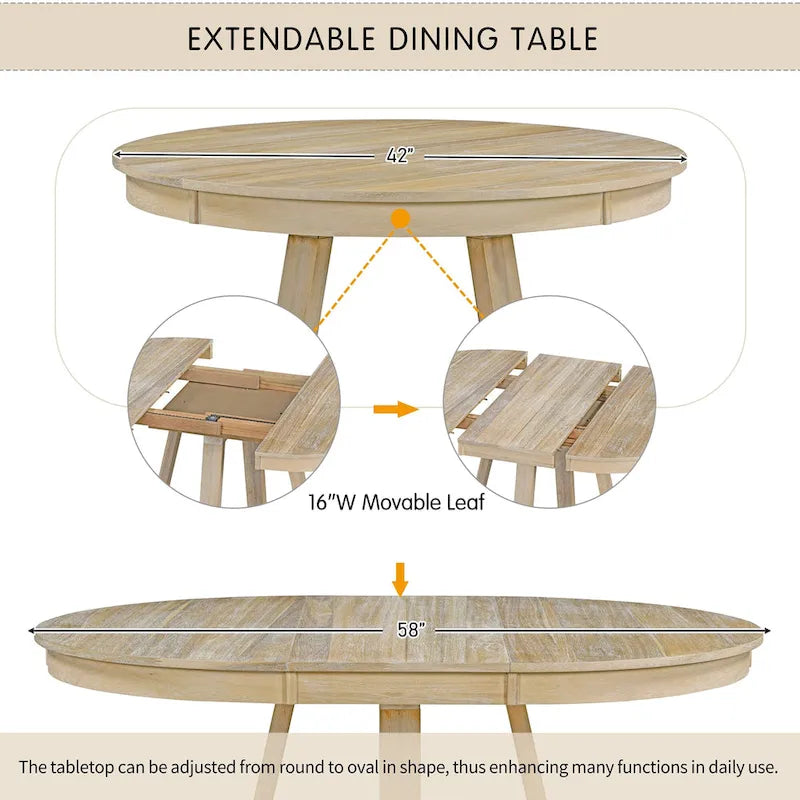 Ensemble de salle à manger extensible 5 pièces en noyer et bois naturel, table ronde à ovale avec 4 chaises rembourrées, 4 à 6 places