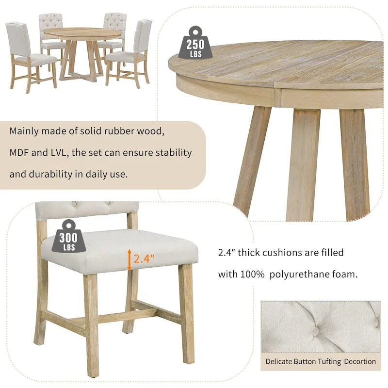 Ensemble de salle à manger extensible 5 pièces en noyer et bois naturel, table ronde à ovale avec 4 chaises rembourrées, 4 à 6 places