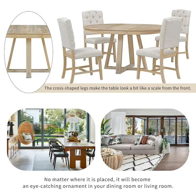Ensemble de salle à manger extensible 5 pièces en noyer et bois naturel, table ronde à ovale avec 4 chaises rembourrées, 4 à 6 places