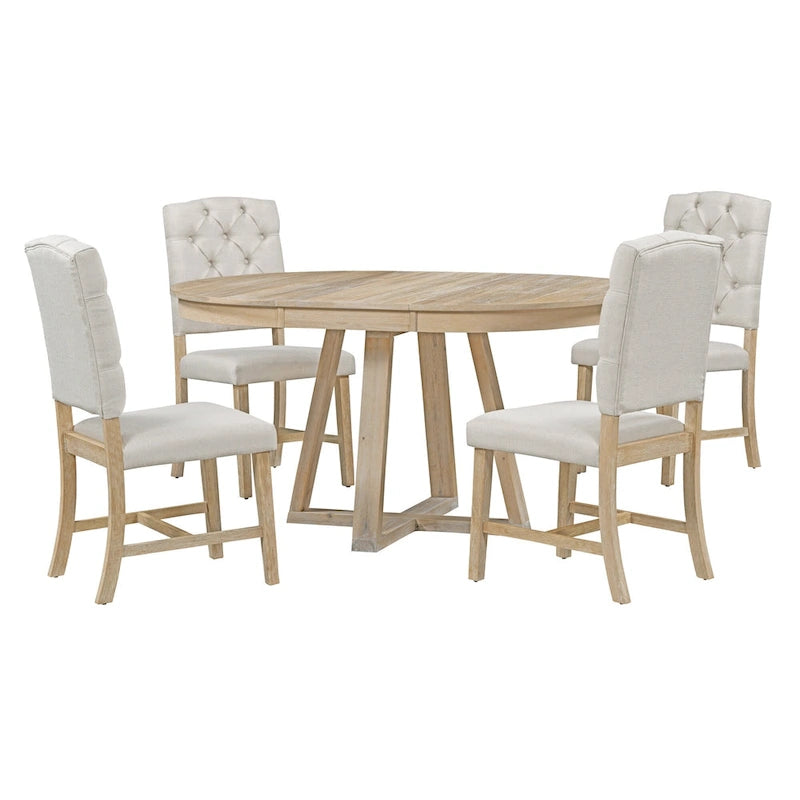 Ensemble de salle à manger extensible 5 pièces en noyer et bois naturel, table ronde à ovale avec 4 chaises rembourrées, 4 à 6 places
