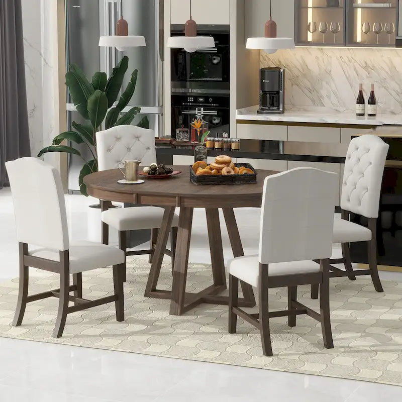 Ensemble de salle à manger extensible 5 pièces en noyer et bois naturel, table ronde à ovale avec 4 chaises rembourrées, 4 à 6 places
