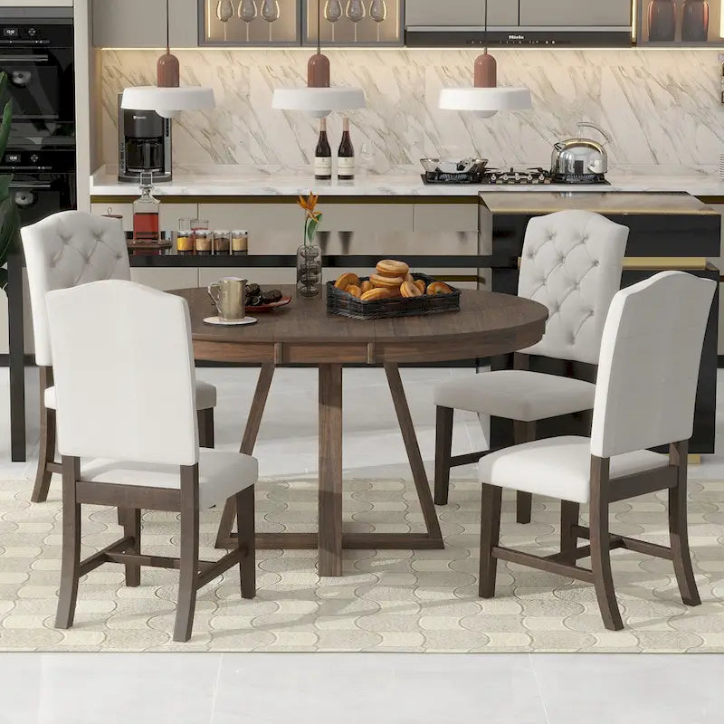 Ensemble de salle à manger extensible 5 pièces en noyer et bois naturel, table ronde à ovale avec 4 chaises rembourrées, 4 à 6 places