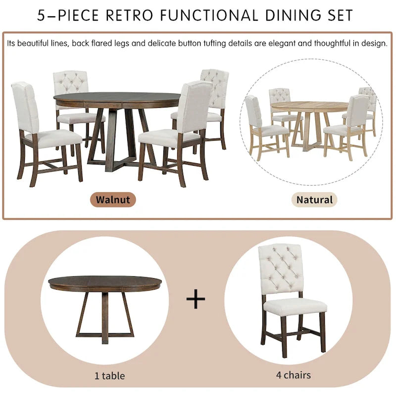 Ensemble de salle à manger extensible 5 pièces en noyer et bois naturel, table ronde à ovale avec 4 chaises rembourrées, 4 à 6 places