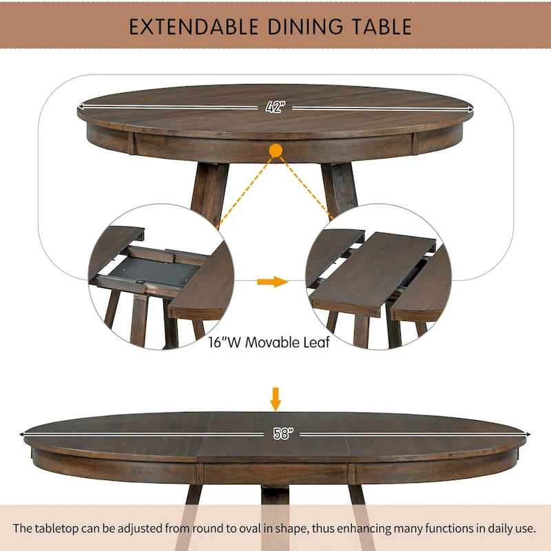 Ensemble de salle à manger extensible 5 pièces en noyer et bois naturel, table ronde à ovale avec 4 chaises rembourrées, 4 à 6 places