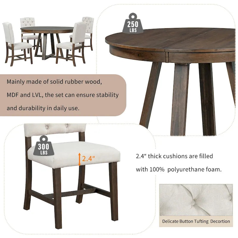 Ensemble de salle à manger extensible 5 pièces en noyer et bois naturel, table ronde à ovale avec 4 chaises rembourrées, 4 à 6 places