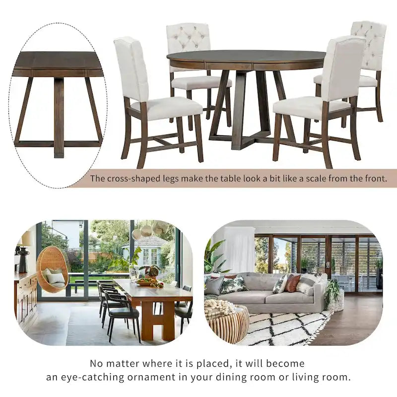Ensemble de salle à manger extensible 5 pièces en noyer et bois naturel, table ronde à ovale avec 4 chaises rembourrées, 4 à 6 places