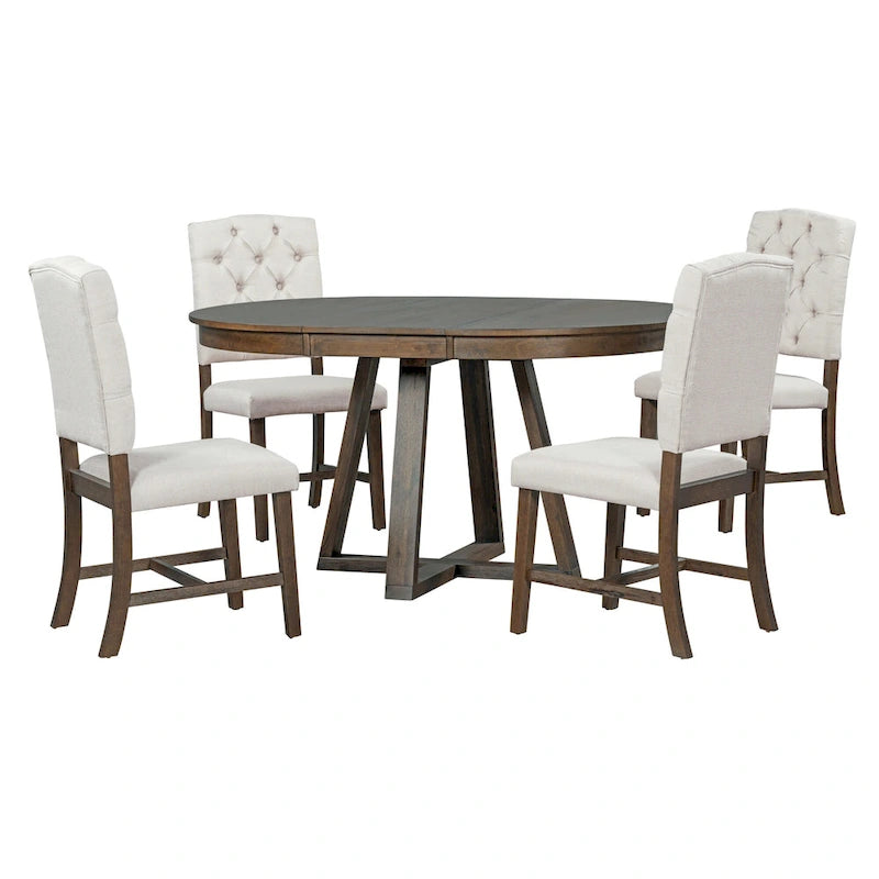 Ensemble de salle à manger extensible 5 pièces en noyer et bois naturel, table ronde à ovale avec 4 chaises rembourrées, 4 à 6 places