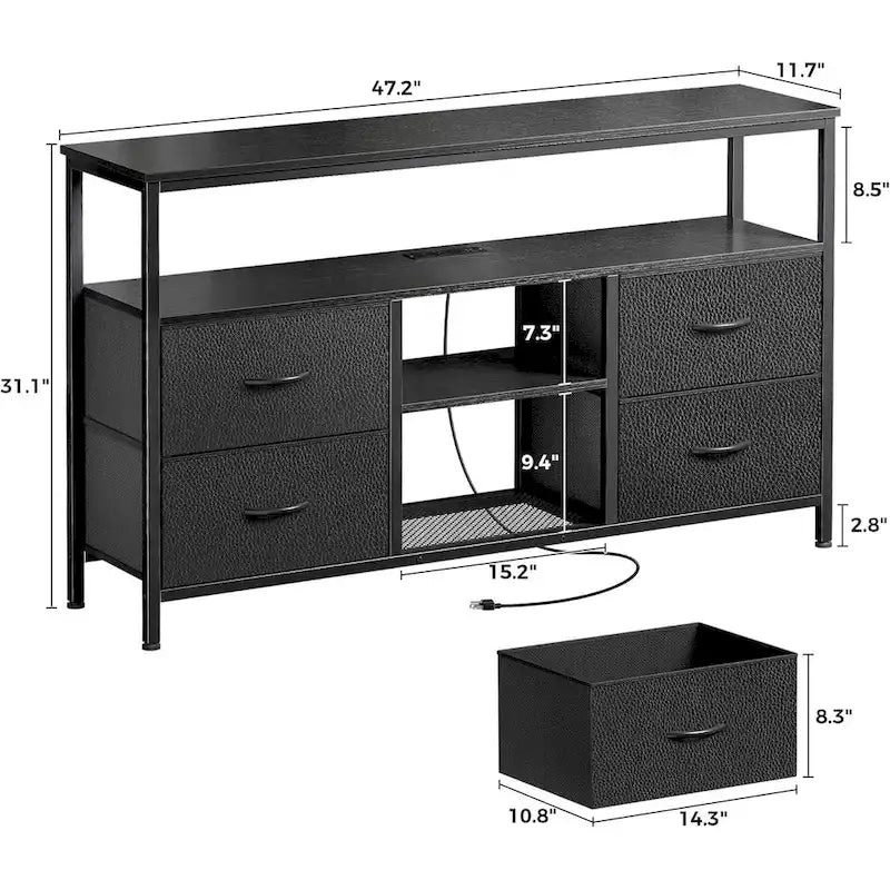 Meuble TV LED noir avec prises de courant et 4 tiroirs, convient jusqu'à 65 po