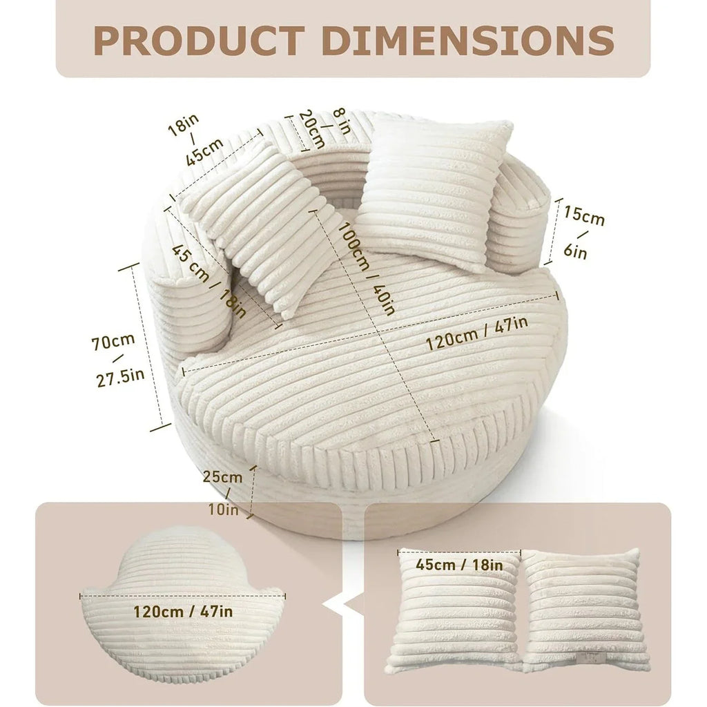 WOWMAX 47 Chaise Longue Ronde Intérieure, Canapé de Sol Surdimensionné en Velours Côtelé avec 2 Coussins Décoratifs