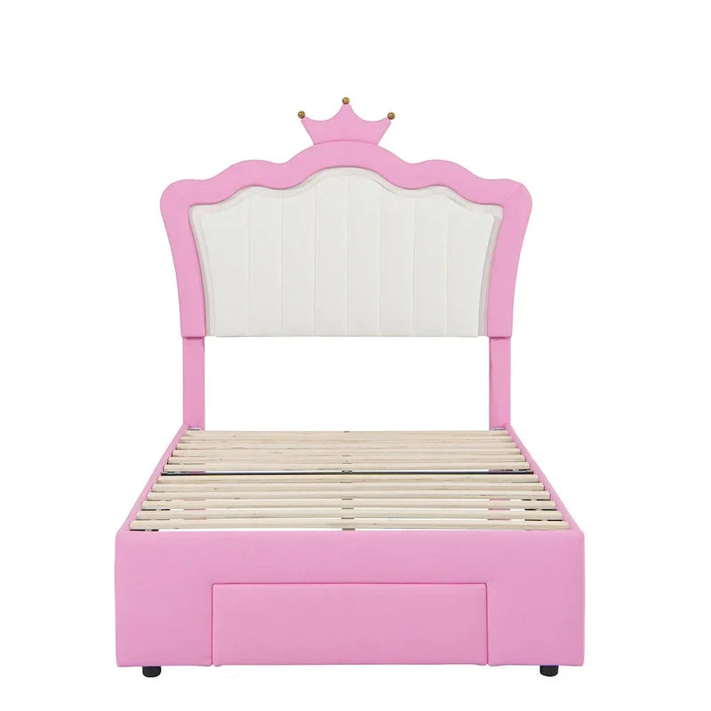 Cadre de lit double rembourré avec lumières LED, lit de princesse moderne rembourré avec tête de lit en forme de couronne, un tiroir, rose+blanc
