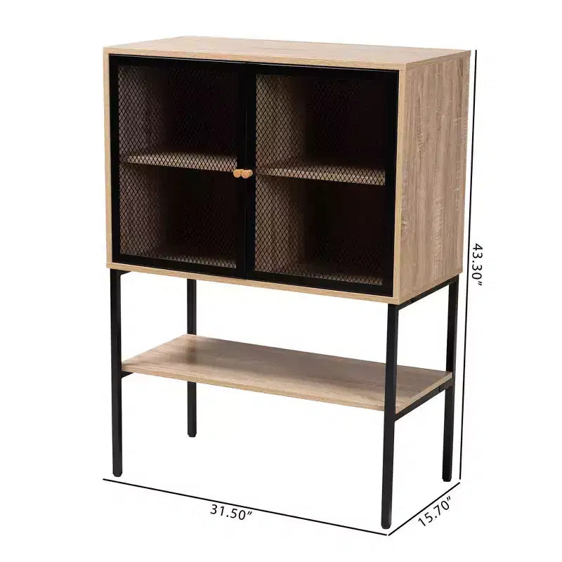 Baxton Studio Asher, Buffet de salle à manger à 2 portes en bois et métal, marron naturel/noir : étagères fixes, cadre en panneaux de particules