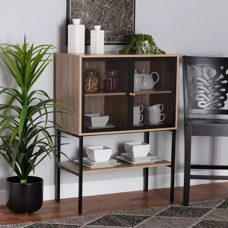 Baxton Studio Asher, Buffet de salle à manger à 2 portes en bois et métal, marron naturel/noir : étagères fixes, cadre en panneaux de particules