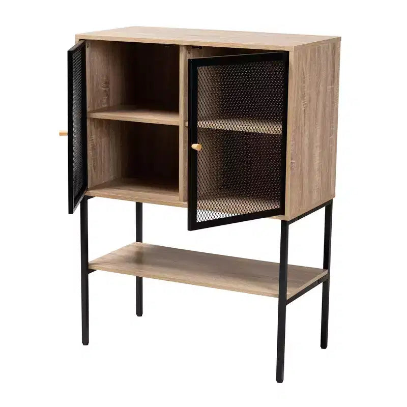 Baxton Studio Asher, Buffet de salle à manger à 2 portes en bois et métal, marron naturel/noir : étagères fixes, cadre en panneaux de particules