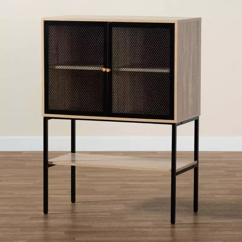 Baxton Studio Asher, Buffet de salle à manger à 2 portes en bois et métal, marron naturel/noir : étagères fixes, cadre en panneaux de particules