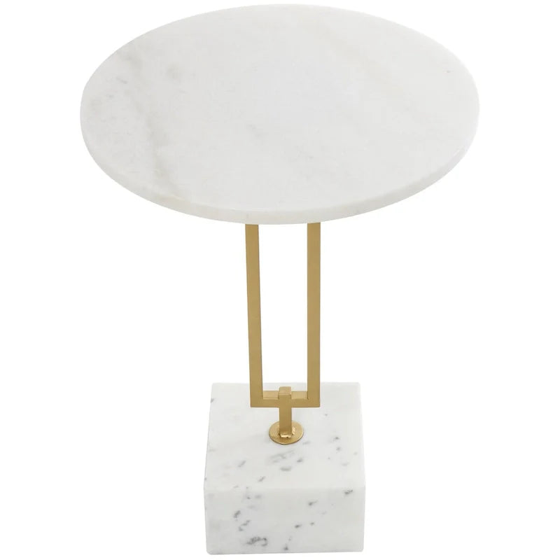 Table d'appoint géométrique en marbre avec support rectangulaire en métal doré - Blanc