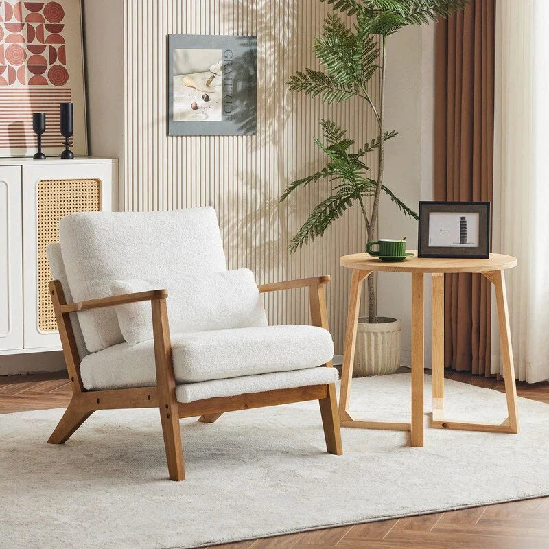 Fauteuil d'appoint rembourré en mélange de lin avec pieds en bois et un oreiller beige