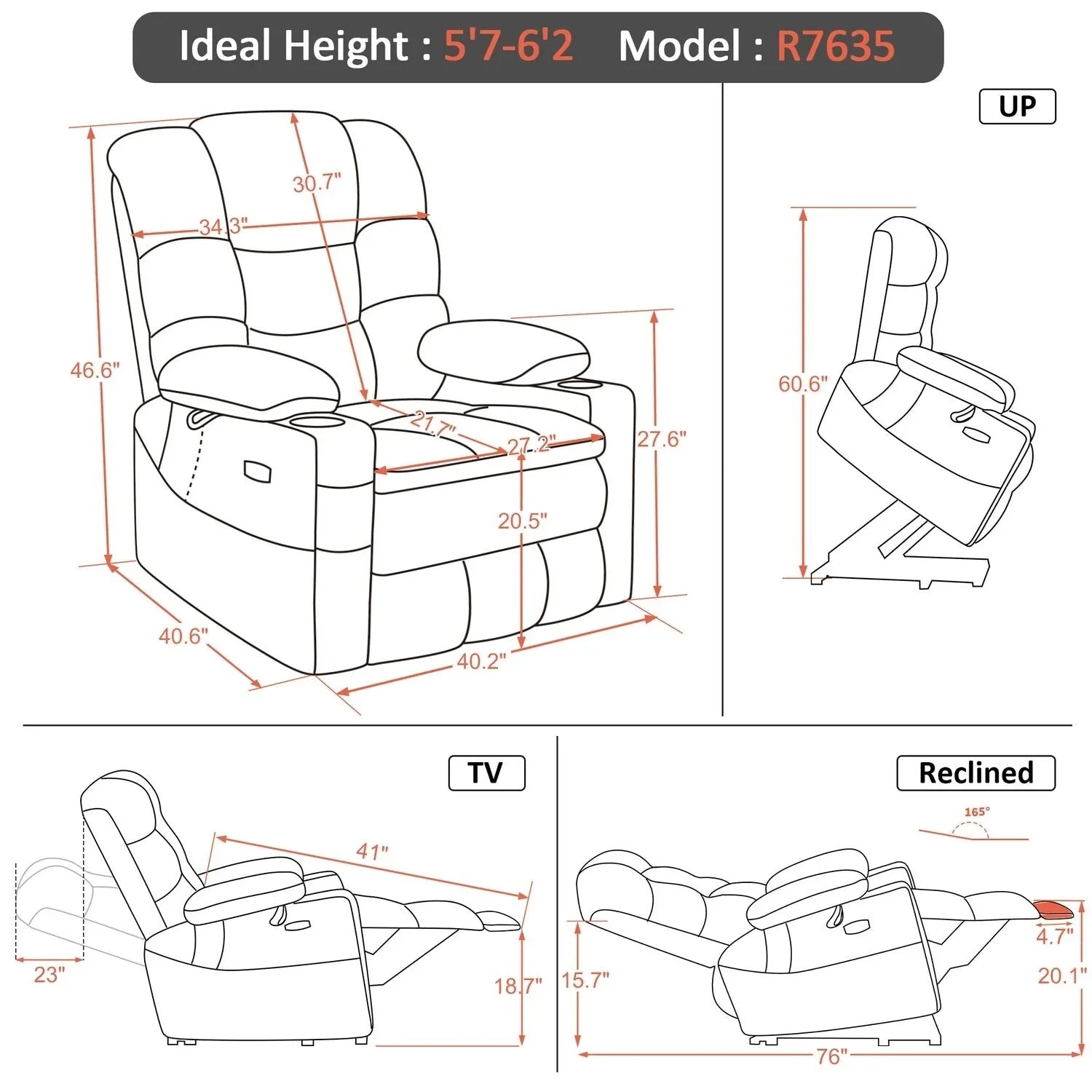 Fauteuil inclinable électrique double moteur grand et large MCombo avec massage et double chauffage pour personnes âgées de grande taille, tissu R7635
