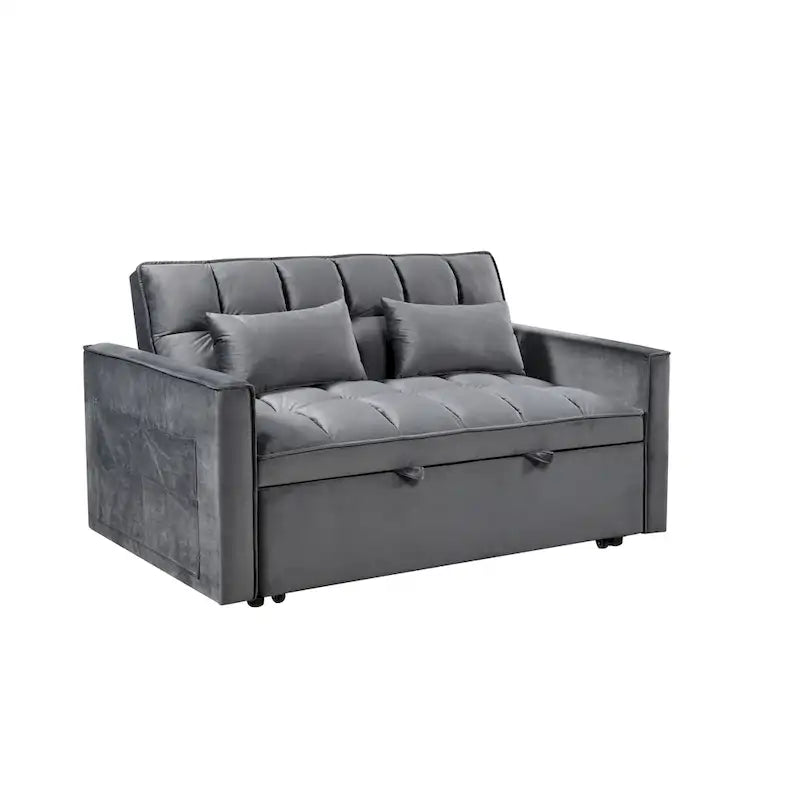 Canapé Futon Moderne en Velours avec Dossier Inclinable et Poches, 2 Places – Gris Foncé / Gris Clair / Bleu / Noir