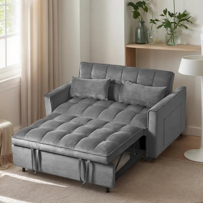 Canapé Futon Moderne en Velours avec Dossier Inclinable et Poches, 2 Places – Gris Foncé / Gris Clair / Bleu / Noir