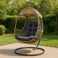 Synthetic rattan hanging chair with steel frame, polyester cushion, Brown/Grey, 200 cm x 95 cm x 75 cm