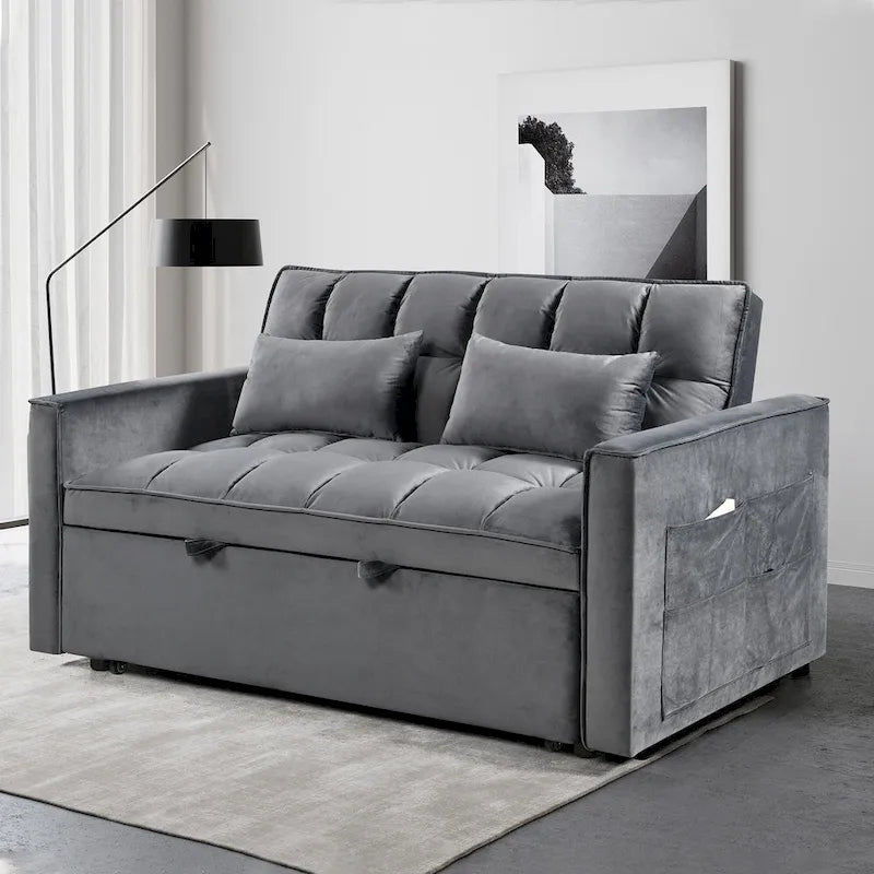 Canapé Futon Moderne en Velours avec Dossier Inclinable et Poches, 2 Places – Gris Foncé / Gris Clair / Bleu / Noir