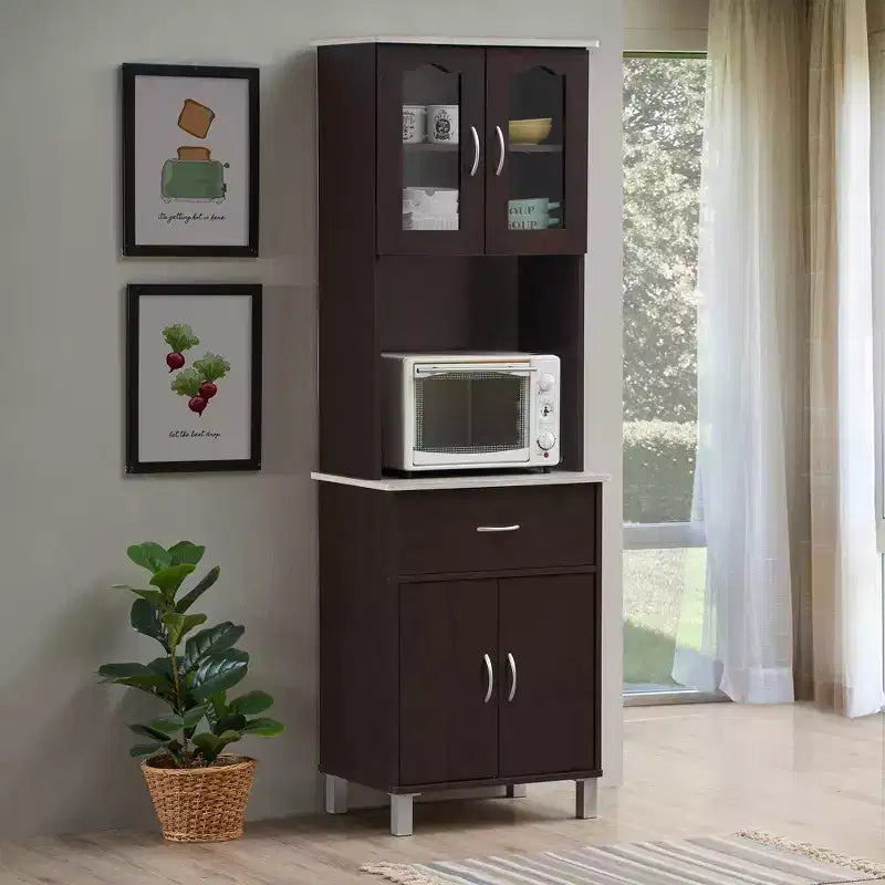 Hodedah HIK94 Meuble de cuisine/Vaisselier avec portes transparentes, 4 étagères, Choco-Gris