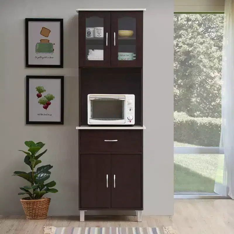 Hodedah HIK94 Meuble de cuisine/Vaisselier avec portes transparentes, 4 étagères, Choco-Gris