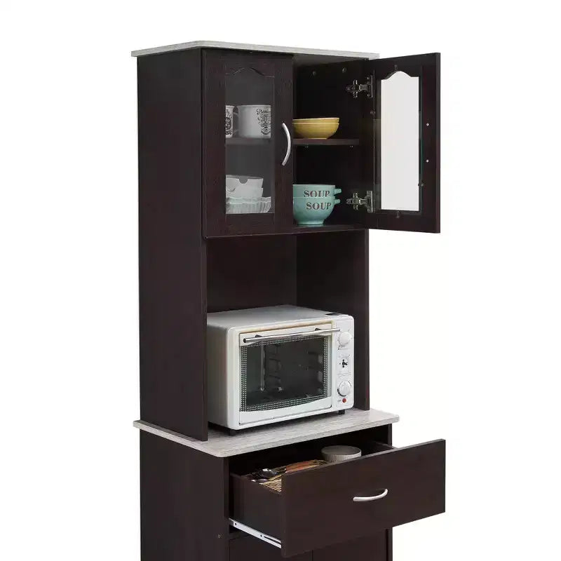 Hodedah HIK94 Meuble de cuisine/Vaisselier avec portes transparentes, 4 étagères, Choco-Gris