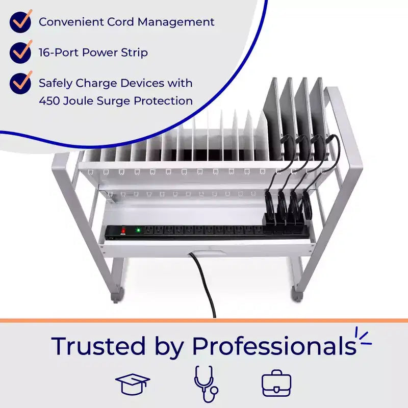 Chariot de recharge ouvert Stand Steady Line Leader pouvant contenir jusqu'à 16 appareils - Blanc