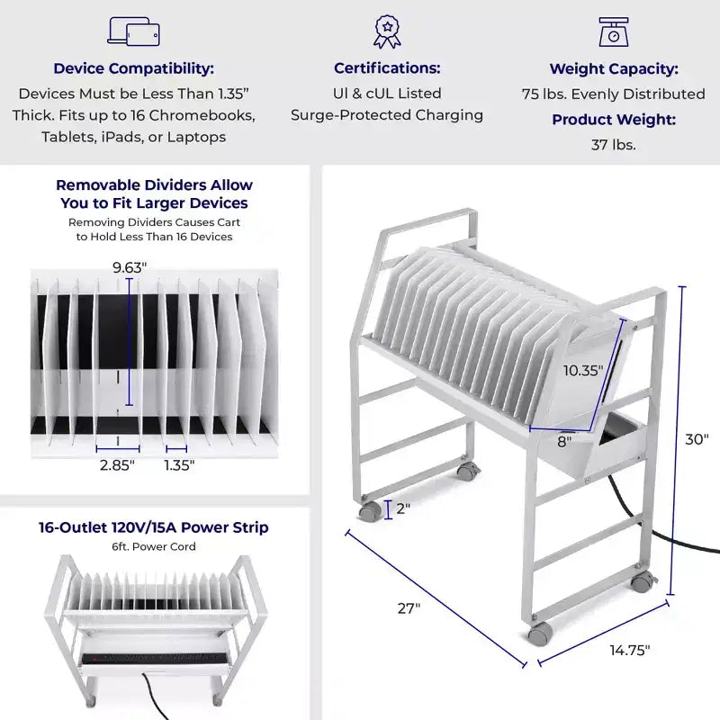 Chariot de recharge ouvert Stand Steady Line Leader pouvant contenir jusqu'à 16 appareils - Blanc