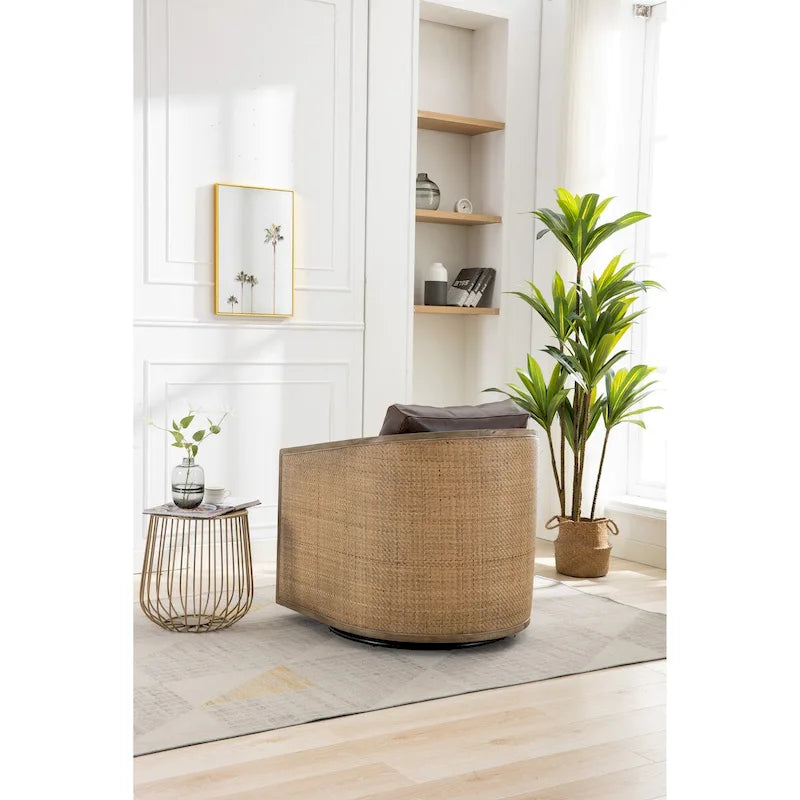 Fauteuil pivotant, fauteuil d'appoint rond confortable, fauteuil club pivotant à 360 degrés, fauteuil de loisirs avec cadre en rotin tressé