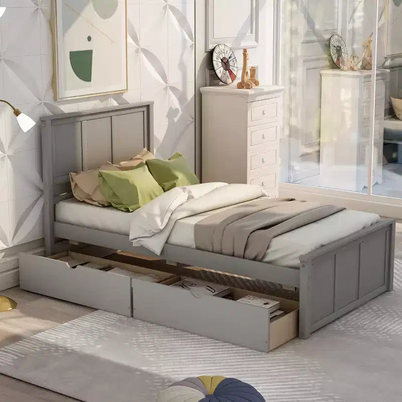 Lit plateforme de rangement en bois pour lits jumeaux avec lit gigogne/deux tiroirs-ModernLuxe