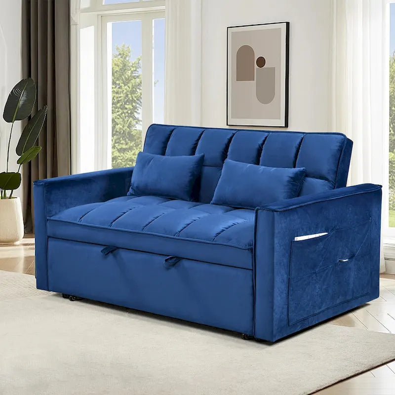 Canapé Futon Moderne en Velours avec Dossier Inclinable et Poches, 2 Places – Gris Foncé / Gris Clair / Bleu / Noir