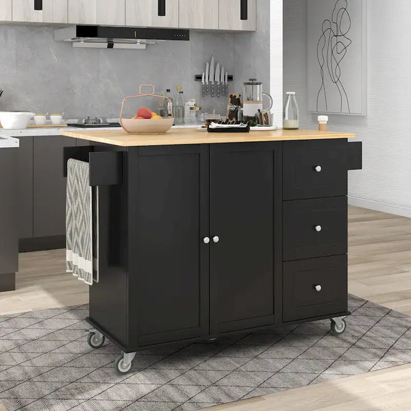Îlot de cuisine mobile noir avec plateau en bois massif, assemblage par 2 personnes